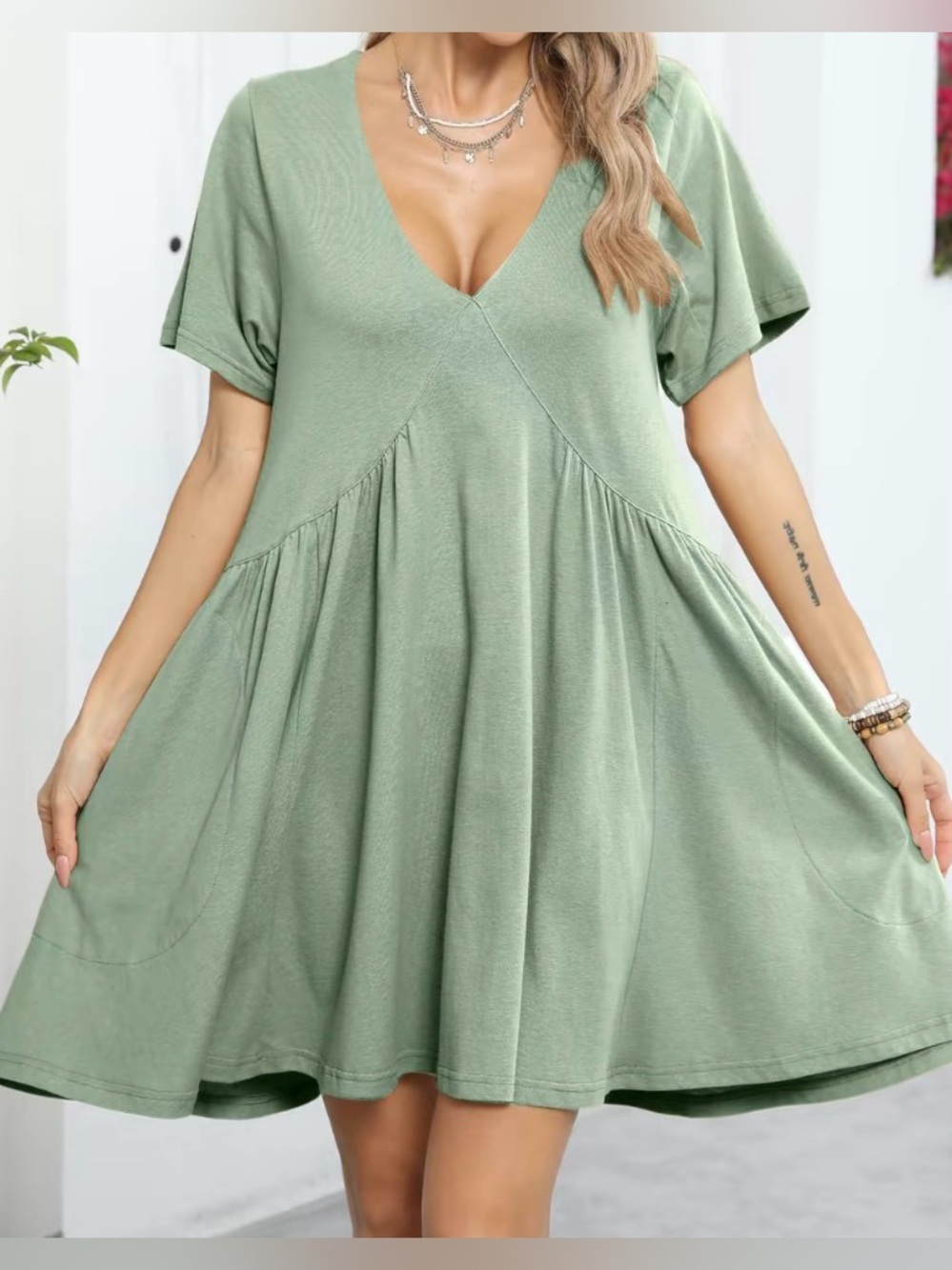 NWT- Fashion Clothing Women’s V-Neck Short Babydoll Dress - Mint, XXL